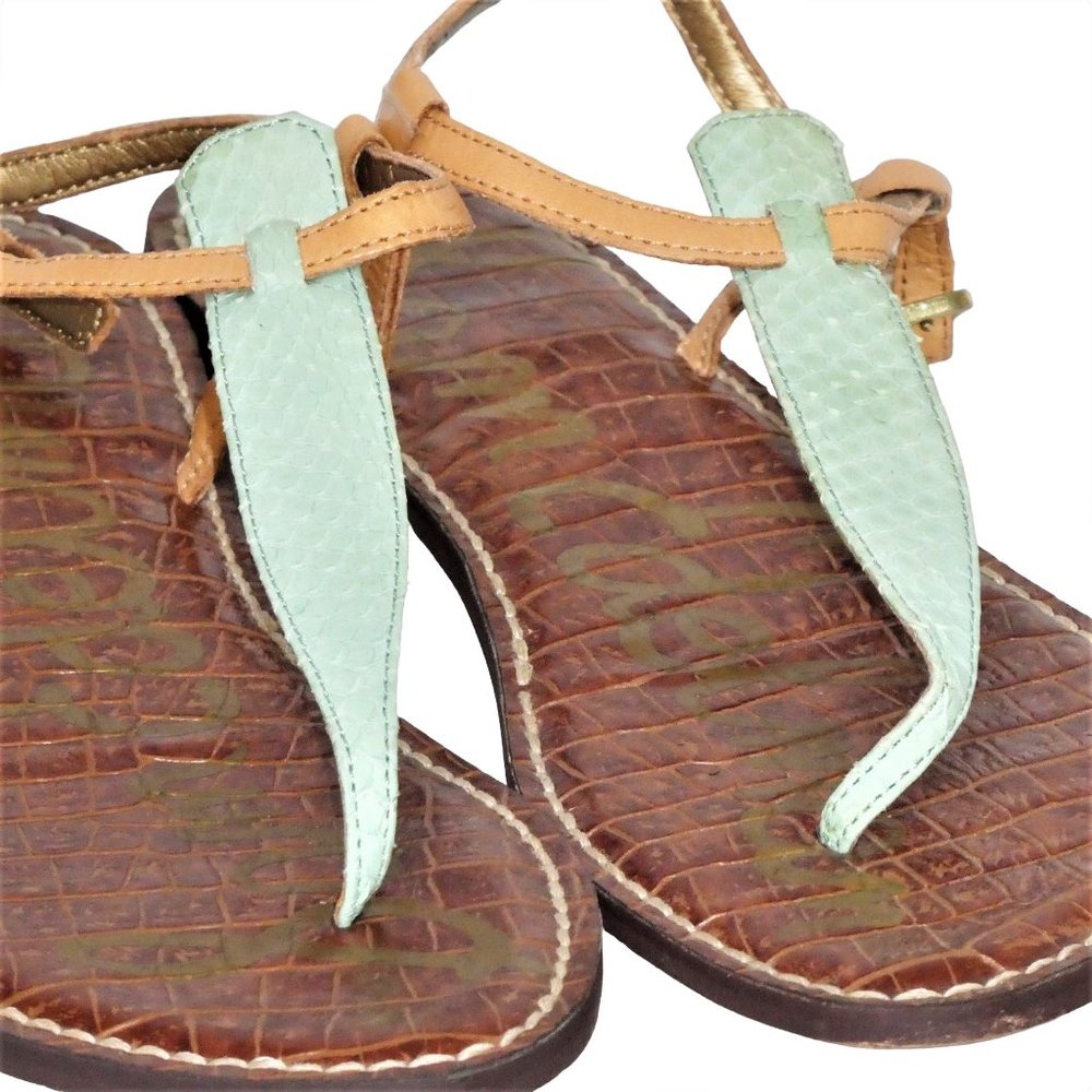 Sam Edelman Gigi Thong Leather Sandals Shoes Green/Tan Size 9M